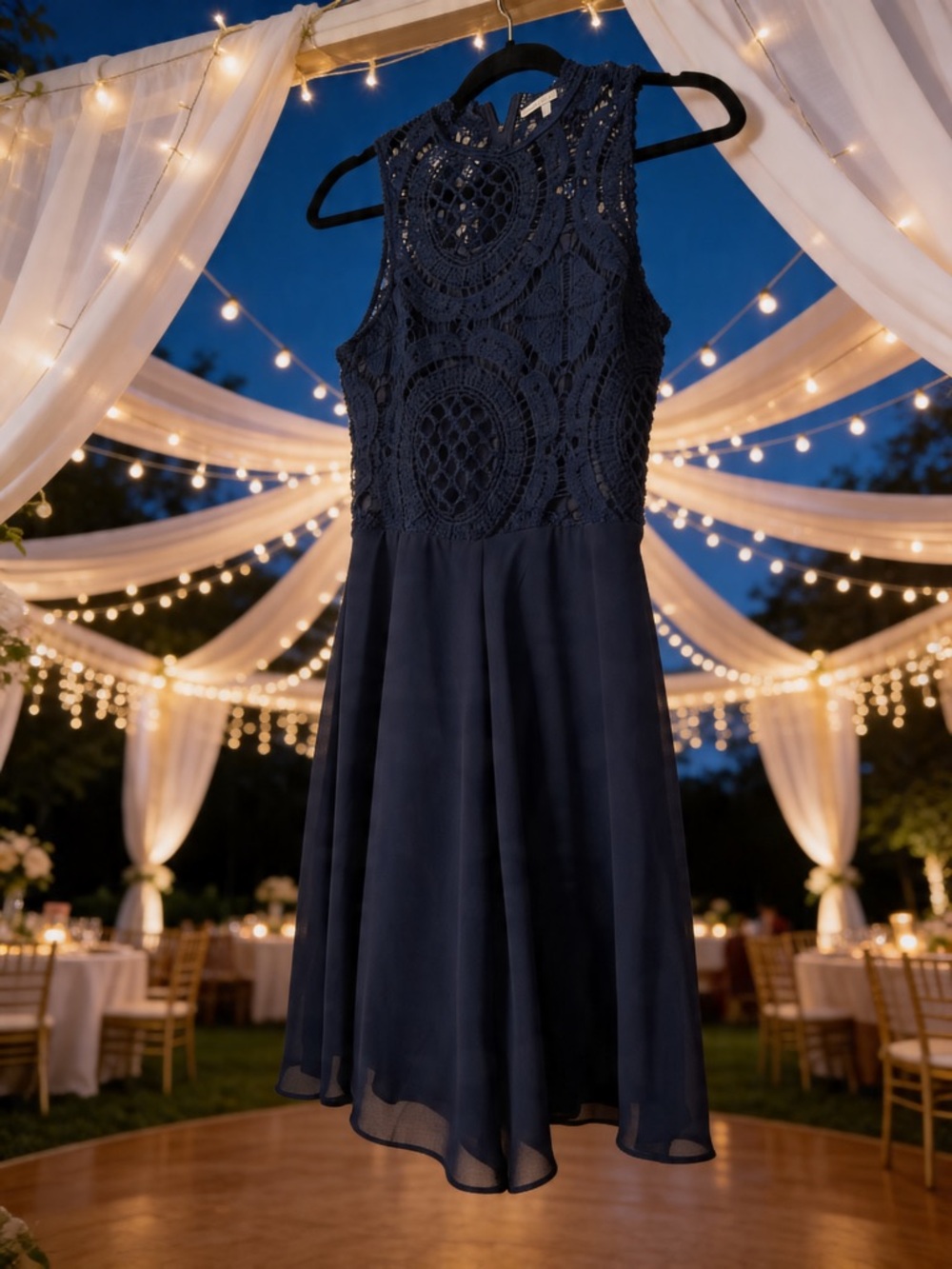 Navy Crochet Bodice Fit-and-Flare Romper